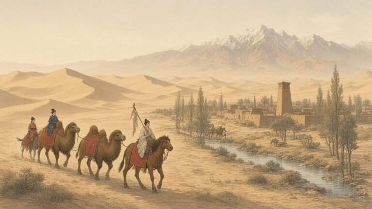 Painting of Zhang Qian's camel caravan passing an oasis town below the Tian Shan
