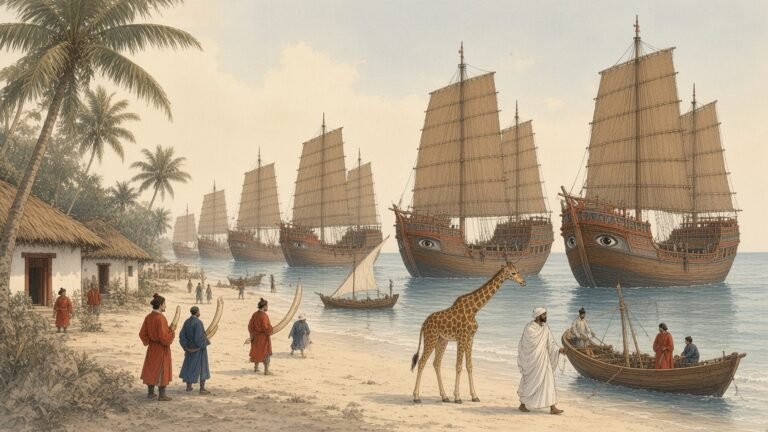 Painting of Swahili envoys leading a giraffe to Ming treasure ships on the beach at Malindi