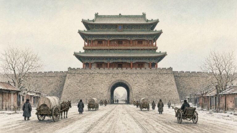Painted illustration of Beijing's Zhengyangmen gate tower in winter 1916, with mule carts and rickshaws on the road below